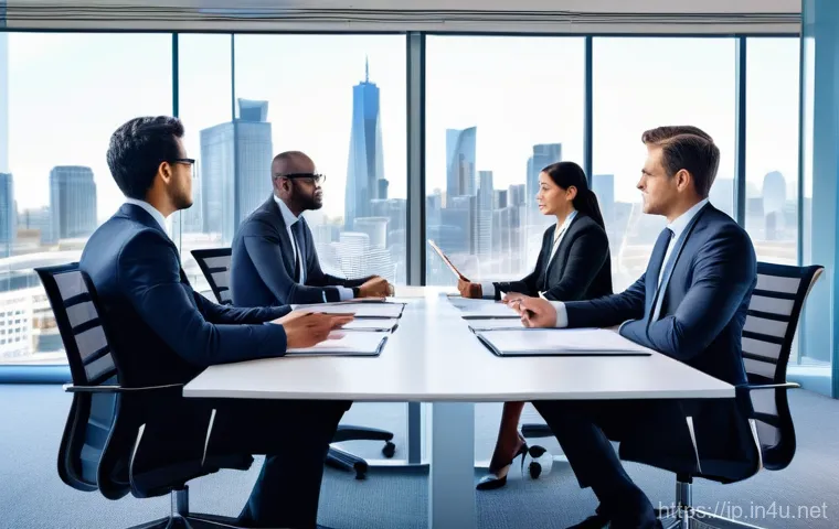 지적재산권 업무에서의 협상 스킬 - **High-Stakes Intellectual Property Negotiation**
A dynamic, professional scene in a sleek, mode...