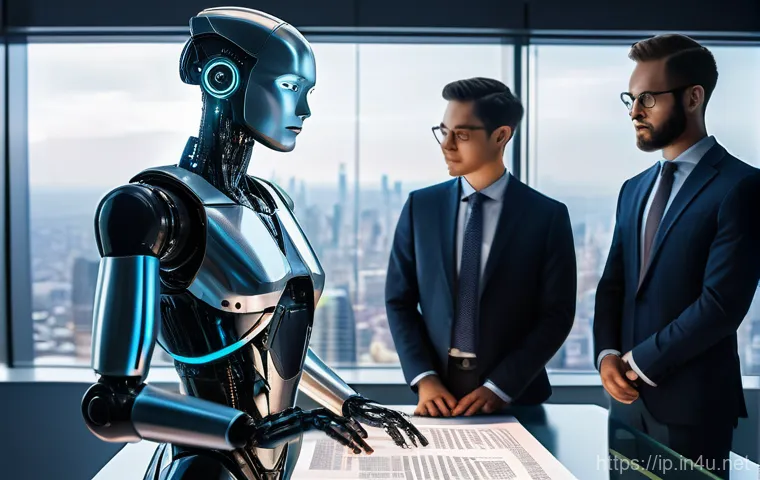 지적재산권 판례 분석과 실무 적용 - A group of diverse professionals, including developers and legal experts, gathered around a holograp...