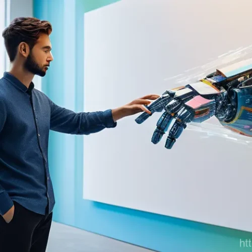 Home 22 지적재산권과 4차 산업혁명 - A sleek, futuristic robot arm meticulously paints a vibrant, abstract artwork on a large canvas in a...