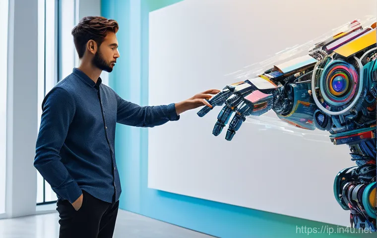 지적재산권과 4차 산업혁명 - A sleek, futuristic robot arm meticulously paints a vibrant, abstract artwork on a large canvas in a...